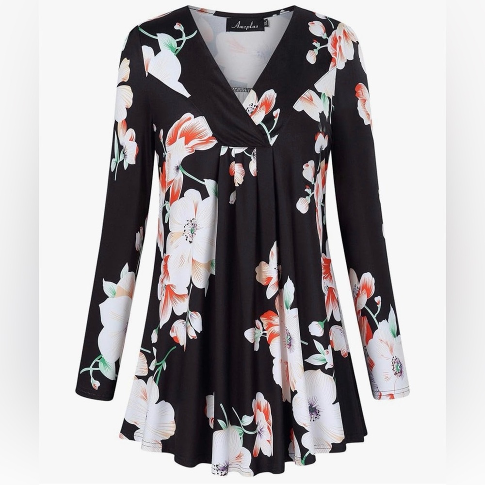 AMZ PLUS Women's Pleated V-Neck Long Sleeve Floral Print Blouse Tunic 3X NWT